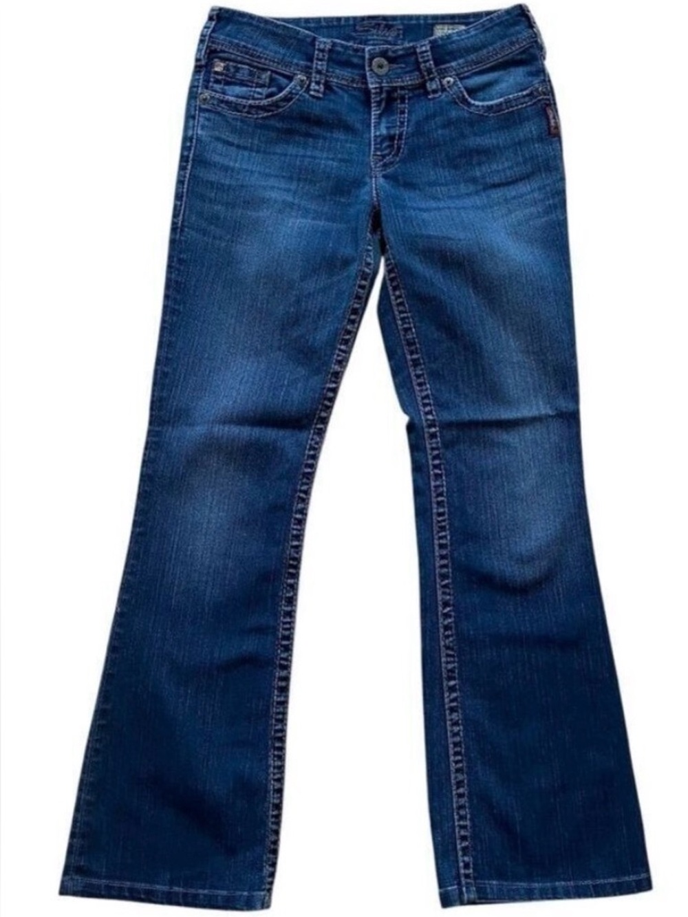 Silver jeans Suki Surplus boot cut dark blue embroidered back pockets mid low 28